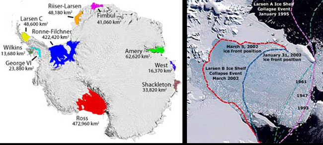 Larsen Ice Shelf is one of Antarctica’s several major ice shelf areas (left image).  Larsen B experienced a catastrophic collapse in the Spring of 2002 (right image). Credit: Ted Scambos, NSIDC.  