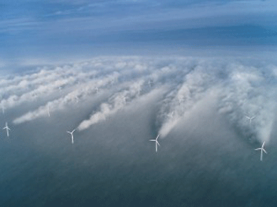 turbulentie achter windmolenpark Horns Rev 1 voor de kust van Denemarken