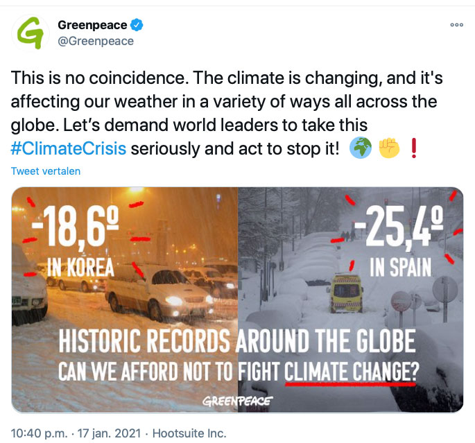 voor Greenpeace zijn strenge winters nu ook Climat Change !