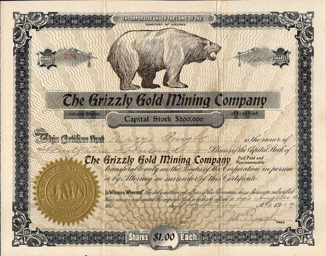 share certificate of the Grizzly Goldmining Co. uit Arizona (USA)