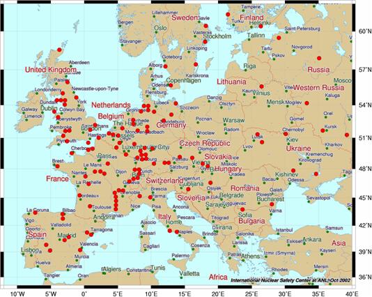 kaart kerncentrales in Europa
