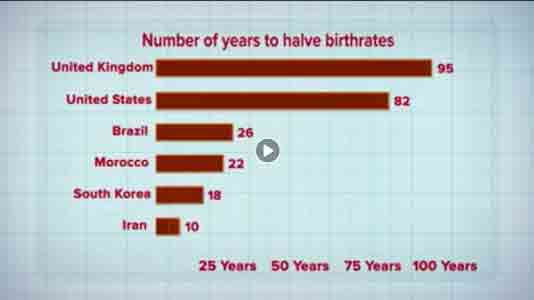 aantal jaren dat het duurt om het aantal geboorten per vrouw te halveren