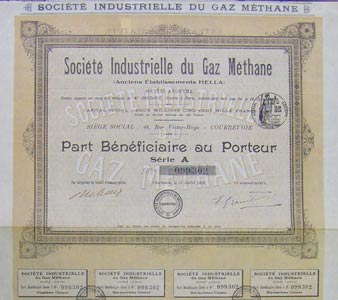 Societe Industrielle du Gaz Methane, France, 1909 , Part Beneficiaire